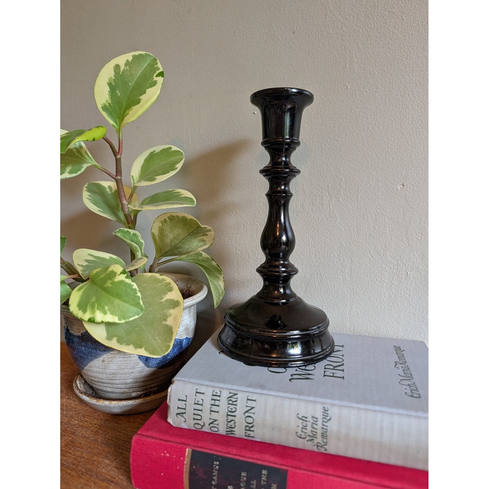 Vintage Black Amethyst Glass Candlestick Holder Depression Era Mid Century 8.5in